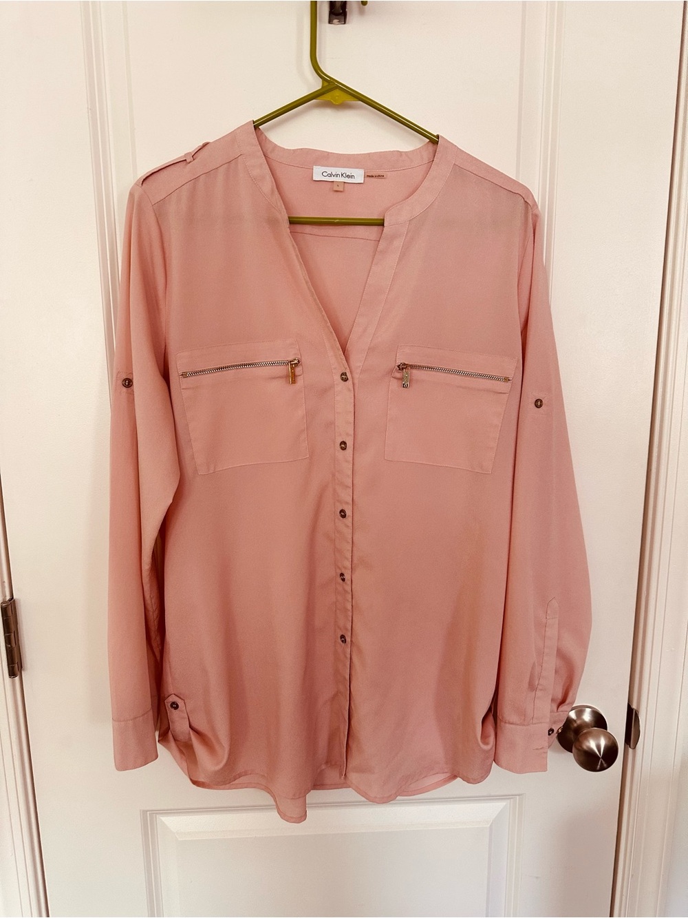 Calvin Klein Blush Pink V-Neck Zip-Pocket Blouse